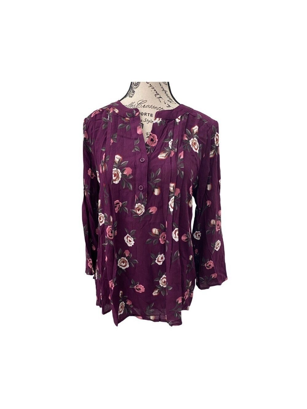 Monday Fun 3/4 Sleeve Pleated Front Purple Blouse Top NWOT Size M